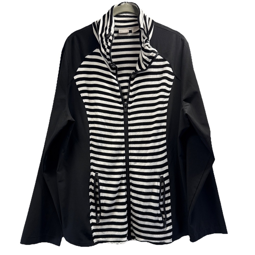 Chicos Zenergy Women's Jacket Size Large Black White Stripe Solid Pockets Zipper